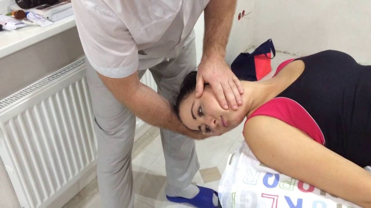 A patient with cervical osteochondrosis shows manual therapy sessions